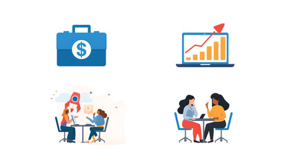 A cartoon vector illustration set of business people icons with a diverse group of kids and adults