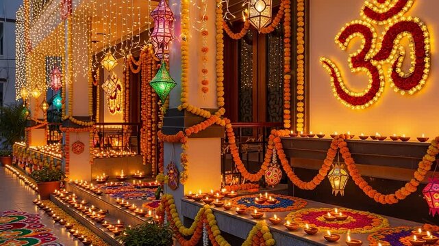 Festive Indian home decorated for Diwali celebration. Rows of glowing oil lamps, colorful rangoli, flower garlands, and an illuminated Om sign.