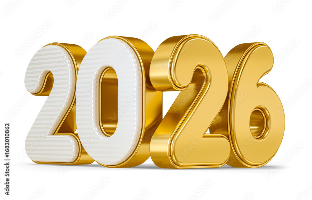 Wall mural striped white and gold 2026 numbers in 3d render with transparent background
