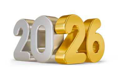 Silver and Gold 2026 Numbers in 3D render with transparent background