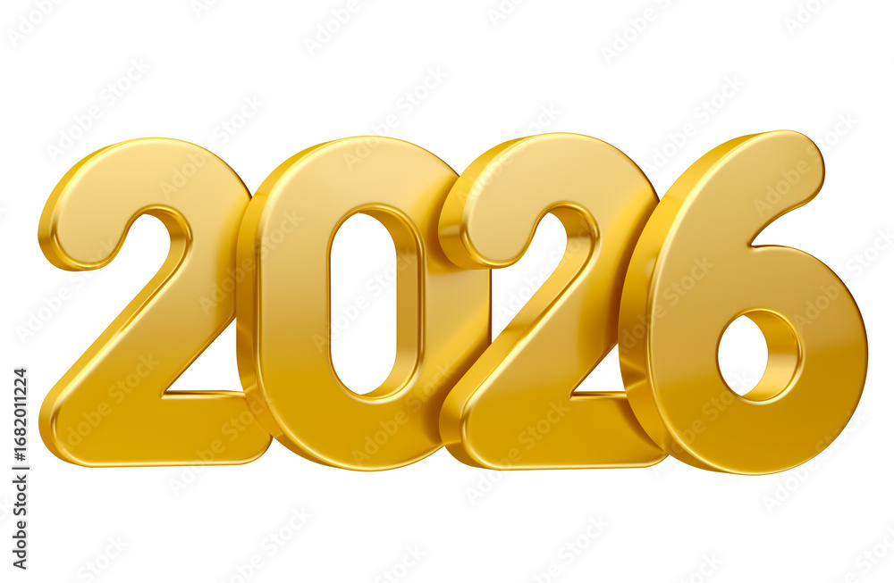 Wall mural golden 2026 typography in 3d render with transparent background