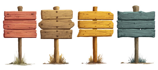 Four wooden signs on posts, various colors