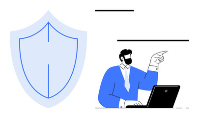 Man in blue suit pointing while seated at laptop, conveying cybersecurity guidance. Shield symbolizes safety, trust, data security. Ideal for technology, communication, IT support, privacy guidance
