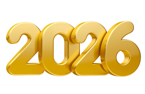 Golden 2026 Typography in 3D render with transparent background