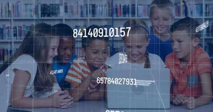 Group of children leaning over laptop in library, activating floating data overlays for learning