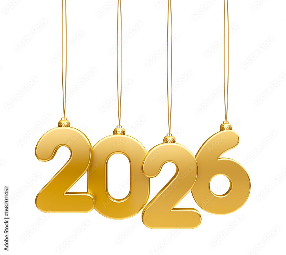 Wall mural golden hanging 2026 numbers in 3d render with transparent background