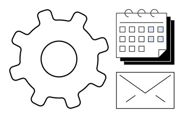 Gear for progress, calendar for planning, and envelope for communication. Ideal for productivity, organization, time management, teamwork, workflow strategy coordination. Simple flat metaphor
