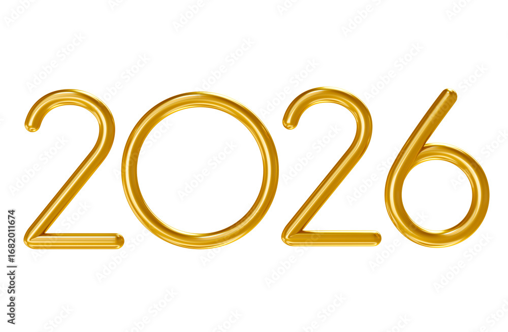 Wall mural minimalist golden 2026 numbers in 3d render with transparent background