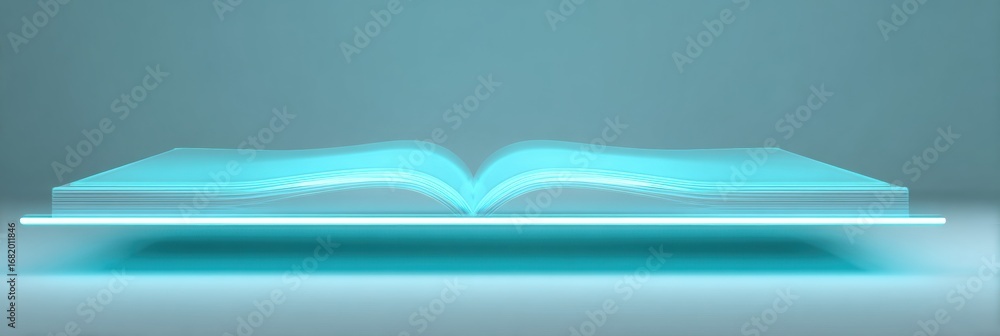 Poster an open book floats above a shelf, illuminated by a calming blue light, creating a serene atmosphere