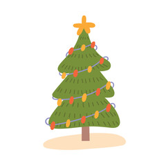 Green Christmas tree with toys on a white background. Hand drawn in a flat style.