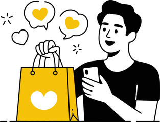 Vector art of a man is holding a shopping bag with heart icons, illustrating online shopping and customer satisfaction, presented in a modern flat vector style