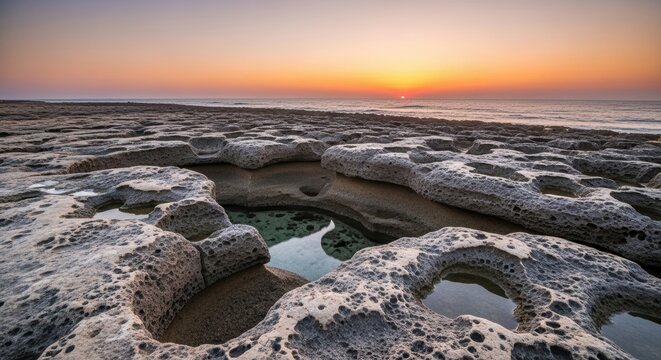 Breathtaking coastal sunset over rocky shore with tide pools