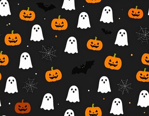 Halloween cartoon flat pattern with pumpkins, bats, ghosts, and spiderwebs. Cute autumn festive background for wallpapers, cards, and packaging projects.