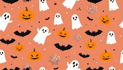 Festive Halloween seamless pattern featuring cartoon pumpkins, bats, ghosts, and spiderwebs. Perfect cute autumn wallpaper, gift wrap, and seasonal background design.