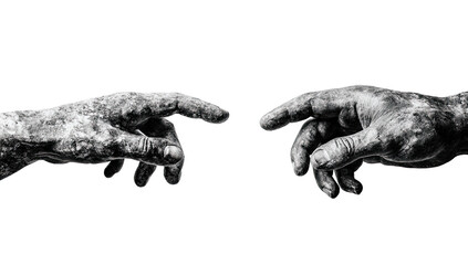 Two hands, grayscale, reaching, almost touching, against black background