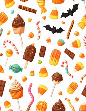 Halloween seamless candy background featuring candy corn, lollipops, gummy worms, and chocolates. White background pattern ideal for festive wrapping paper, holiday wallpapers, party invites.