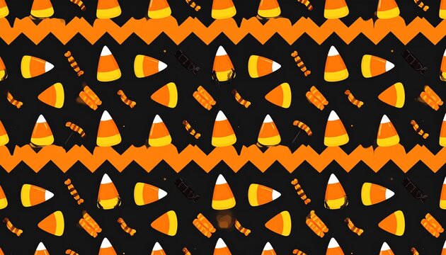 Seamless Halloween candy pattern with candy corn, lollipops, chocolates, and gummy worms on black background. Festive spooky design for wallpapers and wrapping paper.