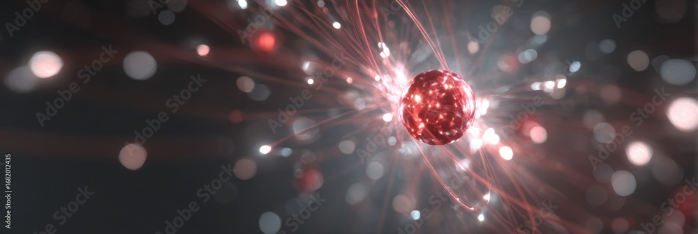 Poster vivid atomic particle visuals and energy emissions in a dark setting, highlighting scientific concep