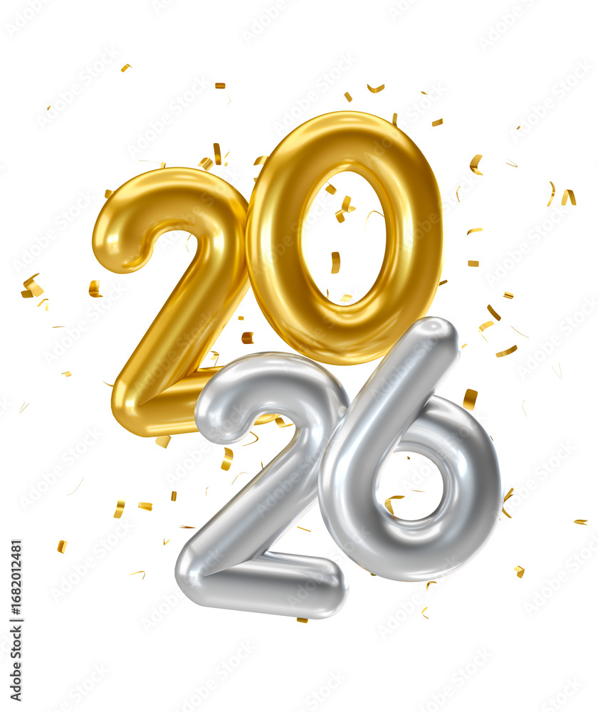 Wall mural golden and silver 2026 numbers with confetti in 3d render with transparent background