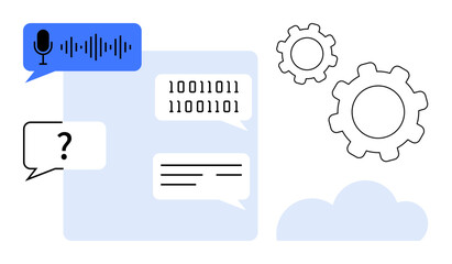 Speech bubble with waveform, binary code, gears, cloud, and text showcase AI communication, automation, coding, data processing, computing programming simple landing page