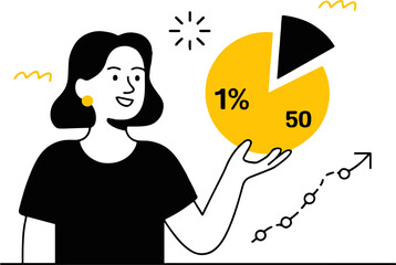 Vector art of a woman presenting a pie chart with data analysis, showcasing business growth and financial statistics