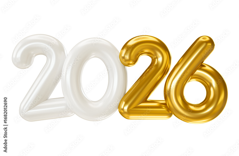 Wall mural white and golden 2026 numbers in 3d render with transparent background