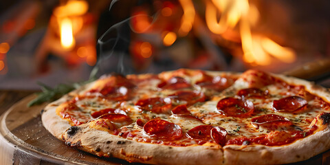 Pepperoni pizza on wooden board before blurred fiery oven with warm rustic inviting close-up view