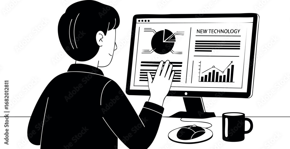Poster woman analyzing data on computer screen in black and white vector illustration