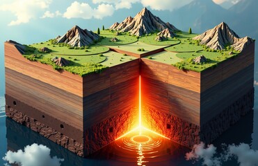 Visualization of seismic energy radiating from deep within the Earth beneath a mountainous landscape, indicating geological activity.