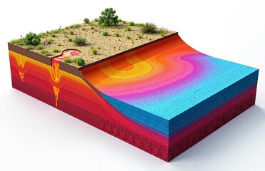 Visual representation of desertification and soil degradation, showing distinct layers and environmental stress in an arid region.