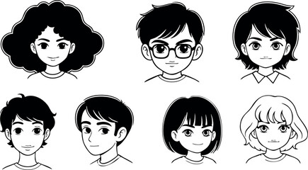 Diverse young men and women face expressions vector illustration in black and white style 