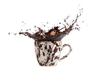 Dark chocolate liquid erupts from a speckled ceramic mug