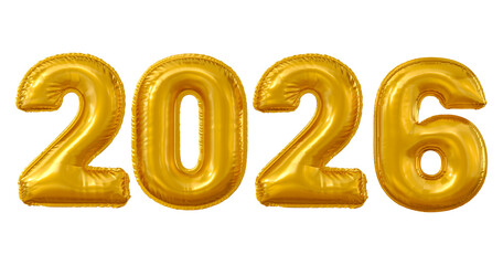 Golden 2026 Balloon Numbers in 3D render with transparent background