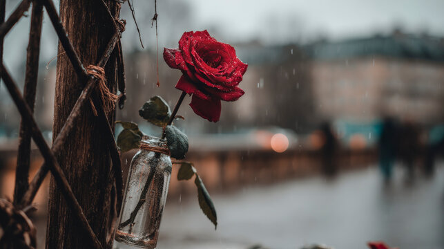 A red rose is in a glass vase on a wooden post