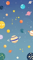 A colorful, kid-friendly illustration depicts various planets and stars in a vibrant space scene, showcasing a playful and cheerful aesthetic.