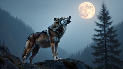 Naklejka premium Grey Wolf Howling at the Moon in a Misty Mountain Landscape