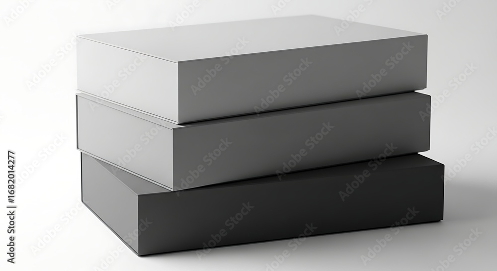Poster stacked gray and black rectangular boxes with subtle shadowing on white background.