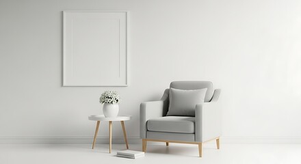 Minimalist Living Room Scene - Gray Armchair, White Side Table with Flowers, and Blank Framed Art.