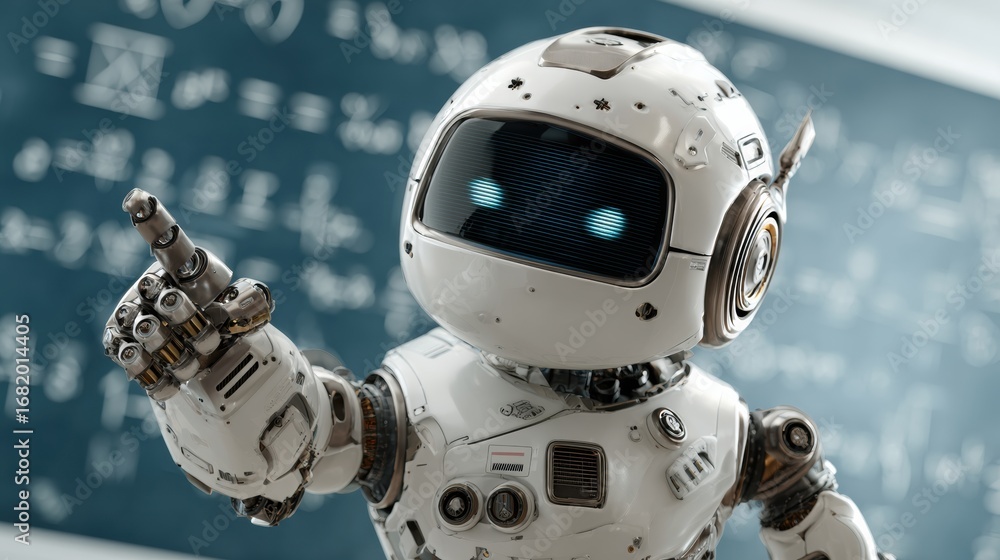 Poster a robot teacher stands in front of a chalkboard filled with mathematical equations, pointing thought
