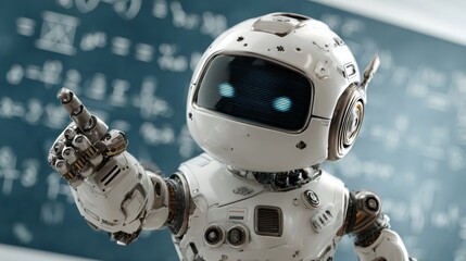 A robot teacher stands in front of a chalkboard filled with mathematical equations, pointing thoughtfully as if explaining a concept during a lesson.
