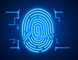 A glowing, bright-blue fingerprint design overlaid with circuit-board patterns creates a futuristic, digital security graphic.