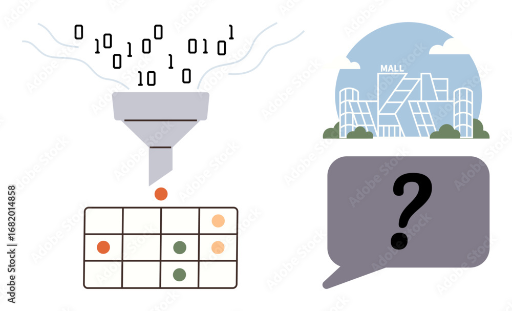 Leinwandbilder binary code flows into a funnel filtering to a data grid, alongside a mall building and a question m