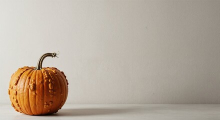 A single perfectly textured orange bumpy gourd with a curved stem rests on a light surface against a minimalist beige wall, creating ample copy space.
