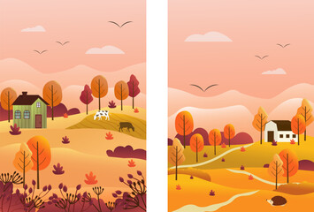 Autumn rural landscape with house and trees. Rural scene with path and hedgehog. Panorama of autumn nature. Wooden houses in the countryside surrounded by forest. Vector illustration