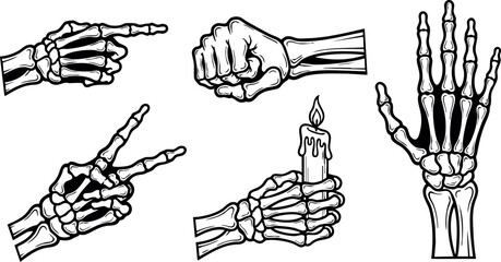 Obraz na płótnie Canvas Skeleton hand gestures and poses vector illustration with candle and fist 