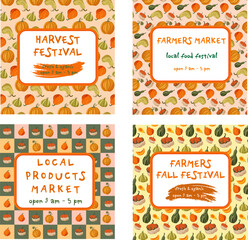 Autumn banners with pumpkins and vegetables symbolizing the harvest festival. Farmer's market for local food or fall festival. Vector illustration