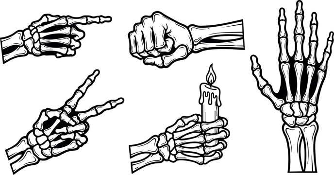 Skeleton hand gestures and poses vector illustration with candle and fist 