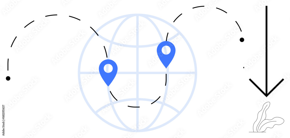 Aufkleber globe with two blue map pins connected by dashed pathways, large arrow indicating direction. ideal f