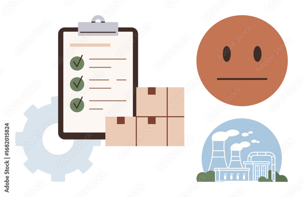 Poster checklist clipboard with check marks, stacked boxes symbolizing goods, neutral face for user feedbac