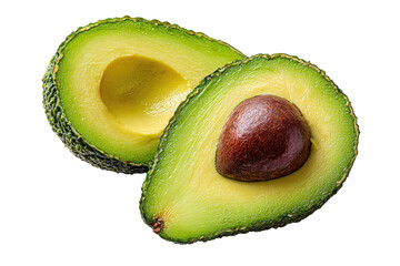 Two halves of a ripe avocado, cut in half, showing the seed and creamy flesh